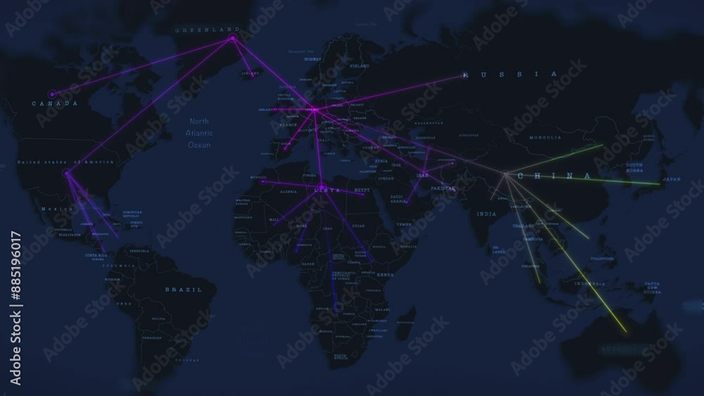 Poster Connection, motion and global in future of data, online and world with technology, networking and map. Line, energy and graphic with color, moving and pattern of increase in investment of fintech