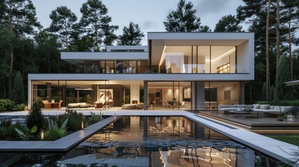 Obraz premium Modern villa with pool and garden, architectural. Generate AI image