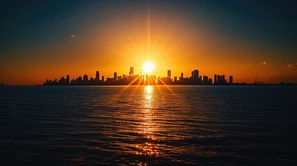 Fototapeta premium The sun setting behind a distant city skyline