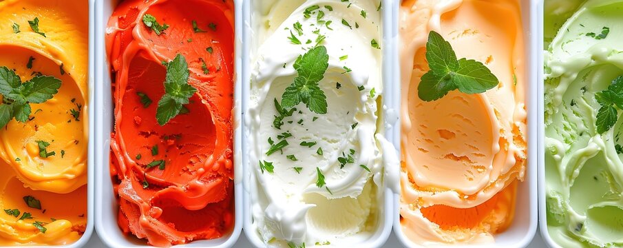 Several boxes containing ice cream of different colors and flavors photographed from above