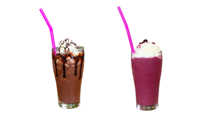 Sweet berry smoothie from black mulberry cream on top and Chocolate milkshake with cherry and chantilly cream in glass tall with pink straws. Isolated on cut out PNG or transparent background.