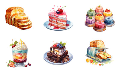 Watercolor desserts and bakery clipart, isolated on transparent background