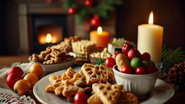 festive table with beautifully decorated Christmas cookies and candle in front of a warmly lit fireplace and a Christmas tree with red and gold ornaments