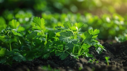 Obraz premium Parsley green leaves of bed full of fresh. Generate AI image