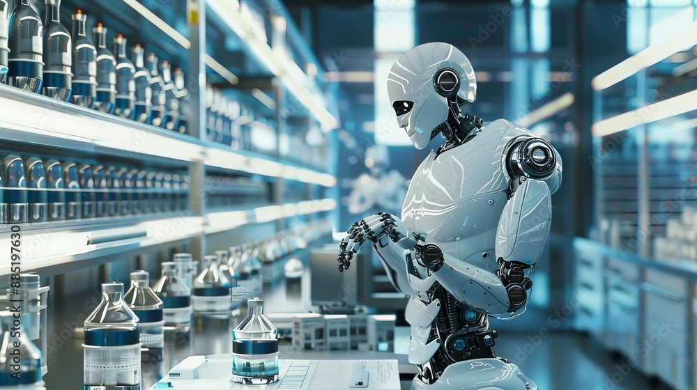 Poster document a scene where robots are performing quality control inspections, ensuring each product meet