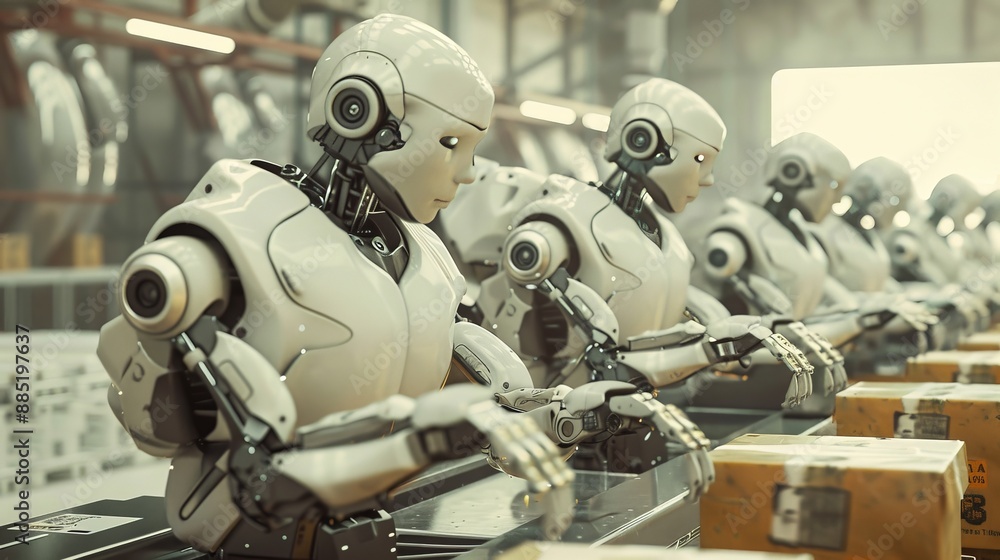 Poster document a scene where robots are performing quality control inspections, ensuring each product meet