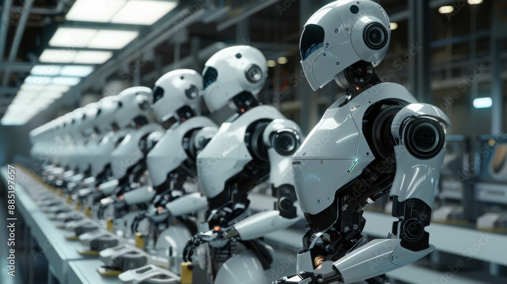 Poster document a scene where robots are performing quality control inspections, ensuring each product meet