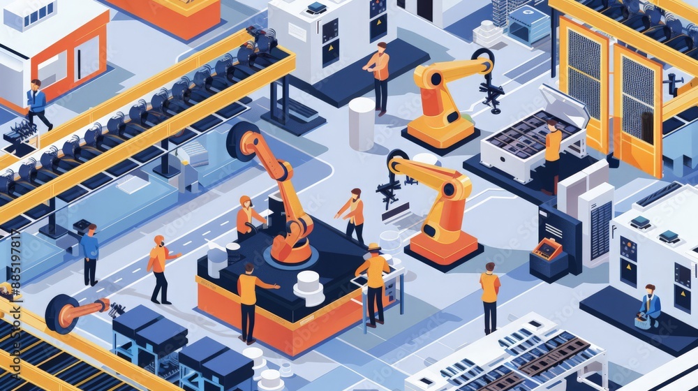Poster document the collaborative environment of a factory where robots and humans are working side by side