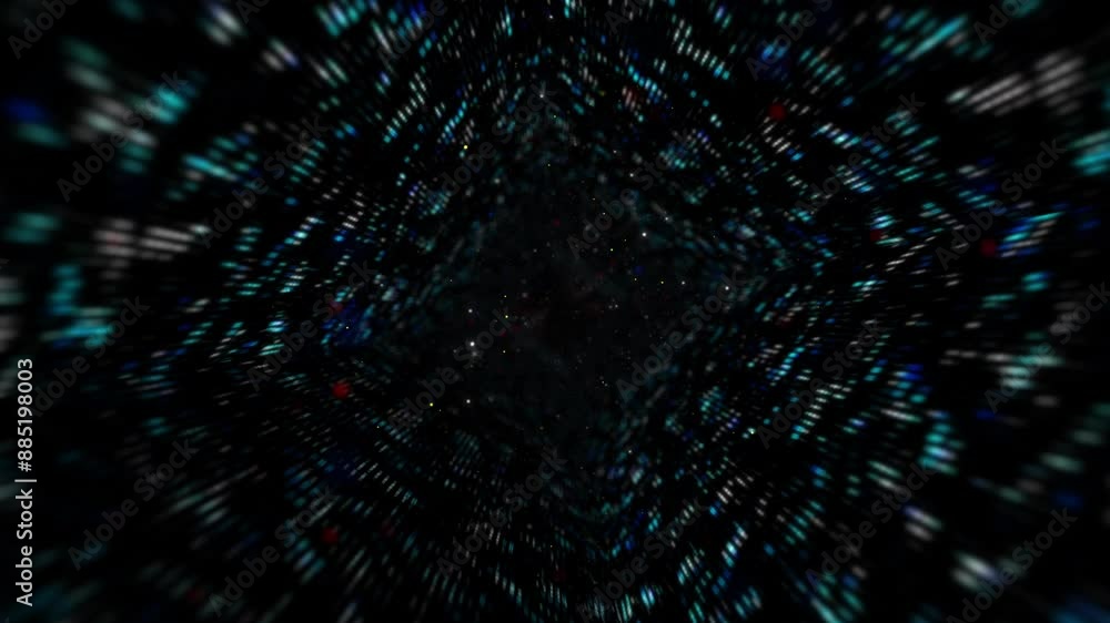 Aufkleber Digital, dots and movement with light for connection, cloud commuting and matrix with abstract software. Programming, internet of things and information technology for networking and data science.