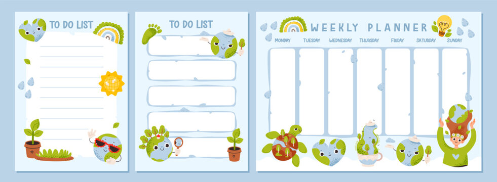 Weekly planner and to-do list with cute planet earth characters. Organize activities with environmental illustrations. Kids task schedule