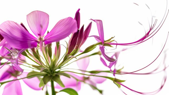 The delicate purple petals of a cleome spider flower unfurl against a clean white backdrop
