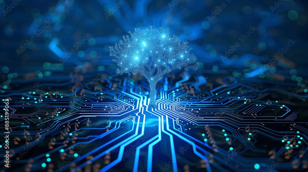 Aufkleber trees grow at the convergence point of computer circuit boards with blue light wire frame network te