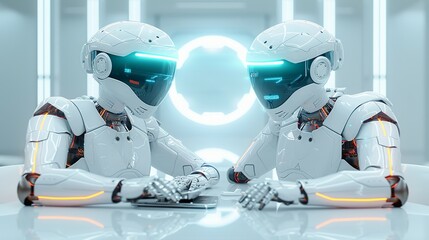 Naklejka premium Future collaboration: Robots and humans under bright, advanced technology lights. Illustration, Image, , Minimalism,