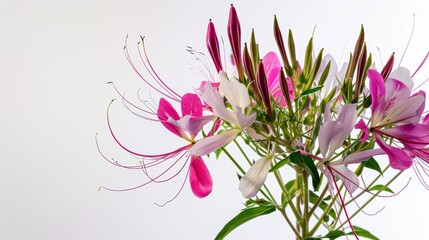 Bouquet of vibrantly pink and white cleome hassleriana spider flowers is popping against a white background