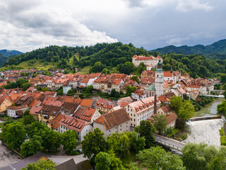 Fototapeta premium Aerial Drone View of Charming Skofja Loka Townscape in Slovenia