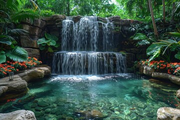 Naklejka premium An exotic jungle waterfall, cascading into a crystal-clear pool, with lush green foliage and vibrant flowers all around.