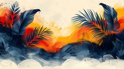 An abstract vector design capturing the essence of summer with bold, dynamic shapes and a palette of warm oranges, yellows, and blues, complemented by subtle textures