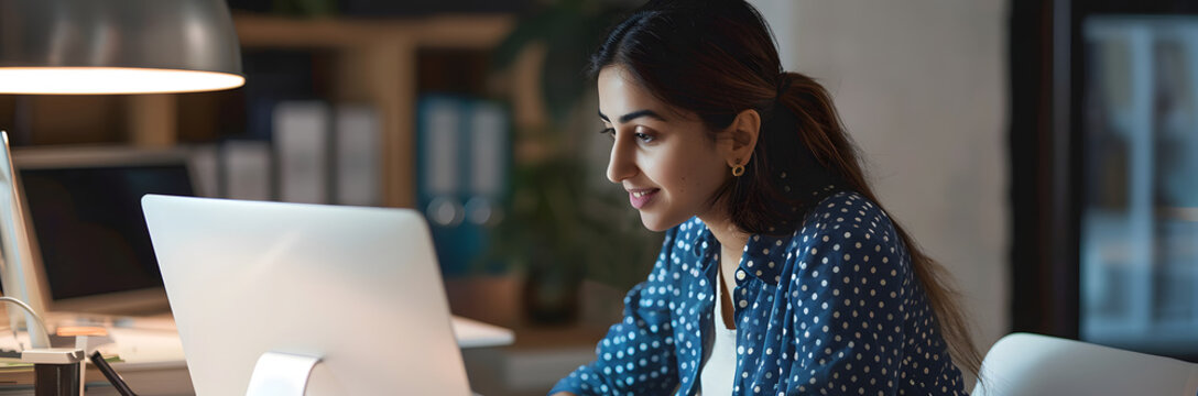 Young woman Indian employee sit at desk in office room use computer do work. Workday, human resources, career, new app corporate program usage concept horizontal photo banner for website header design