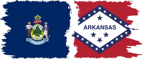Arkansas and Maine states grunge brush flags connection, vector