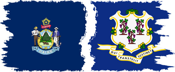 Connecticut and Maine states grunge brush flags connection, vector