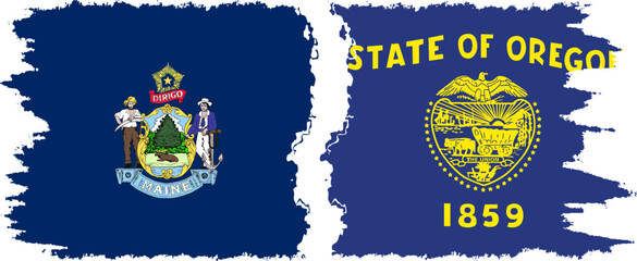 Oregon and Maine states grunge brush flags connection, vector