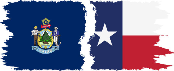 Texas and Maine states grunge brush flags connection, vector