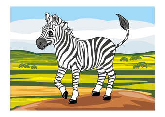 Cheerful zebra on the nature landscape