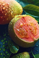 guava in water drops close-up. Selective focus