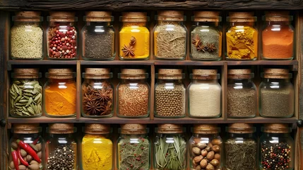 A collection of kitchen spices in jars and containers arranged on a spice rack © DragonSlayer
