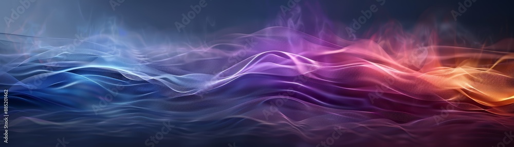 Poster vibrant abstract wave pattern with smooth gradients of blue, pink, and orange hues on a dark backgro