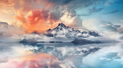 Obraz premium Breathtaking mountain peak surrounded by clouds with stunning reflections in a serene lake at sunset.