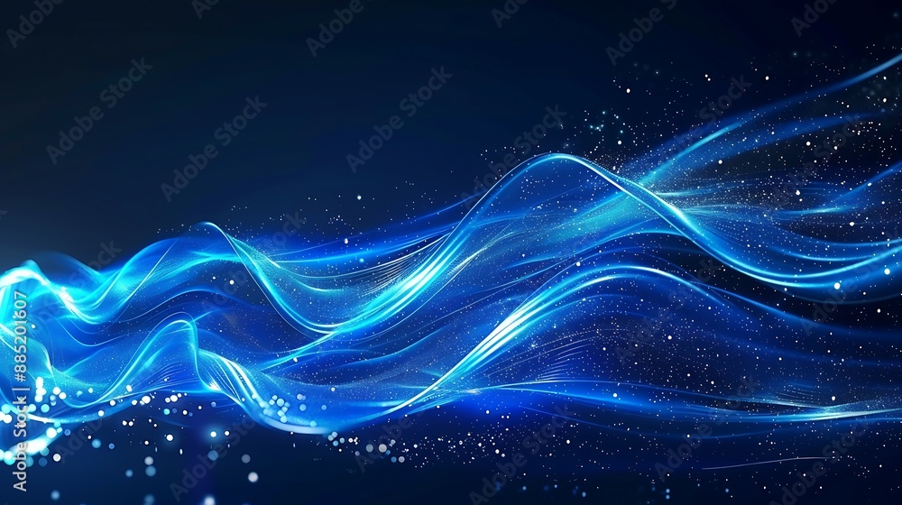 Canvas Prints Flowing blue light waves with sparkles on a dark background