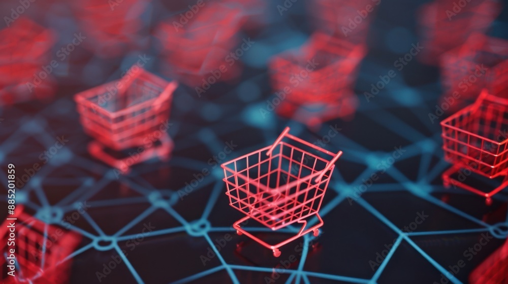 Poster abstract representation of a global network with shopping carts at each node, symbolizing the interc