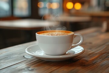 Fototapeta premium Steaming Cup of Coffee on Wooden Table