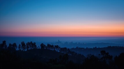 A scenic landscape captured at dawn, where nature meets urban life, with a city skyline in the distance blurred to emphasize the serene beauty of surrounding trees and rolling hills, a gradient sky