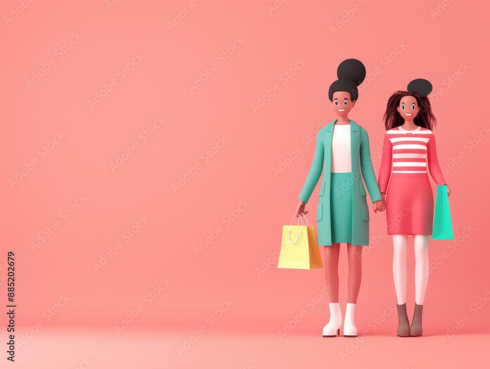 Poster animated characters shopping online with happy expressions, digital shopping, cheerful animation. ha