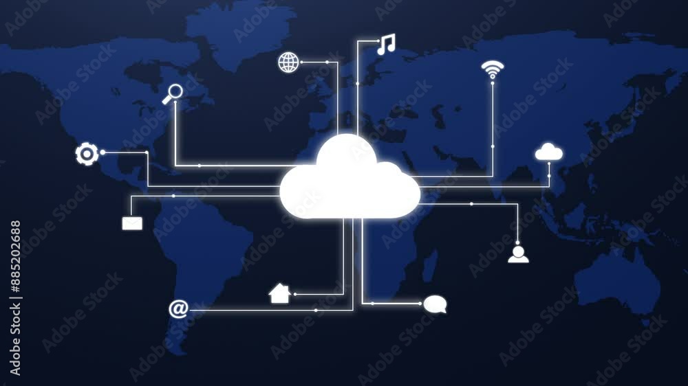 Leinwandbilder Background, cloud icon and wireframe for global network, cybersecurity and internet for data and future. Program, technology and software or cyberspace with server, database and connection for iot