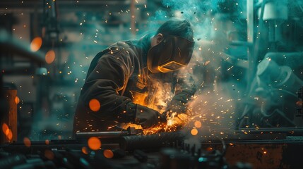 Obraz premium Welder at work with sparks and smoke in industrial setting