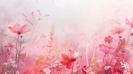 A vibrant pink background adorned with delicate flowers and whimsical elements, perfect for a cheerful and light-hearted setting, the scene enriched by a soft gradient and intricate patterns, evoking