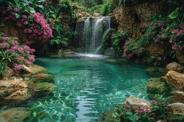 An exotic jungle waterfall, cascading into a crystal-clear pool, with lush green foliage and vibrant flowers all around.