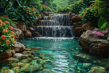 An exotic jungle waterfall, cascading into a crystal-clear pool, with lush green foliage and vibrant flowers all around.