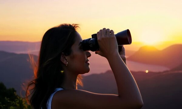 woman looking through binoculars
