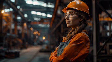Obraz premium Female Factory Worker in Orange Uniform with Safety Gear