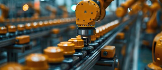 Industrial Robotic Arm Assembling Parts on Conveyor Belt