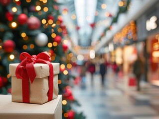 Busy holiday shopping mall with decorated storefronts, holiday crowds, bustling atmosphere. have copy space for text, focus cover all object, deep dept of field