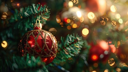 Obraz premium Christmas toys on the Christmas tree close-up. Selective focus