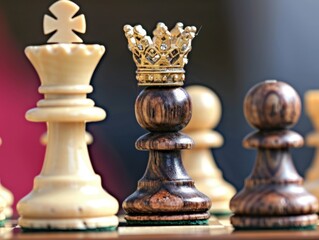 Fototapeta premium Chess king piece with a crown, success concept, strategic victory have copy space for text, focus cover all object, deep dept of field