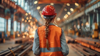 Fototapeta premium Woman Engineer with Braided Hair and Red Hard Hat in Industrial Factory