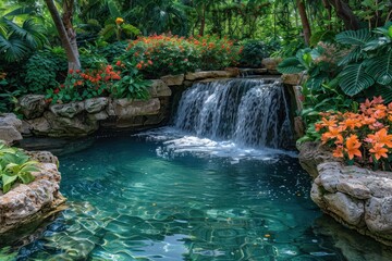 Naklejka premium An exotic jungle waterfall, cascading into a crystal-clear pool, with lush green foliage and vibrant flowers all around.