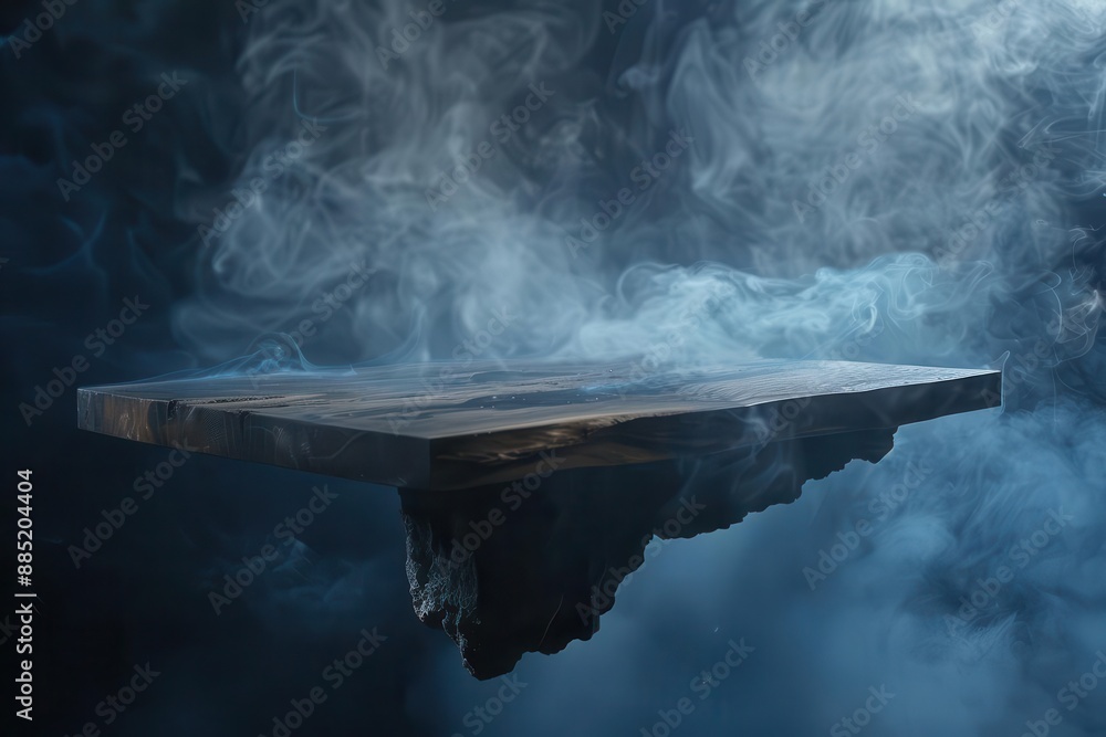 Wall mural mystic tabletop floating wooden surface in deep navy void wisps of ethereal smoke dramatic chiaroscu